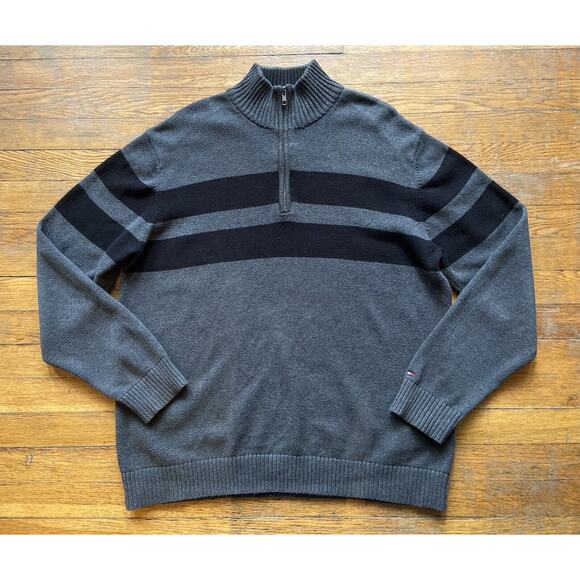 TOMMY HILFIGER Gray/Blue 1/4 Zip Cotton Pullover Sweater sz XL - Picture 1 of 10